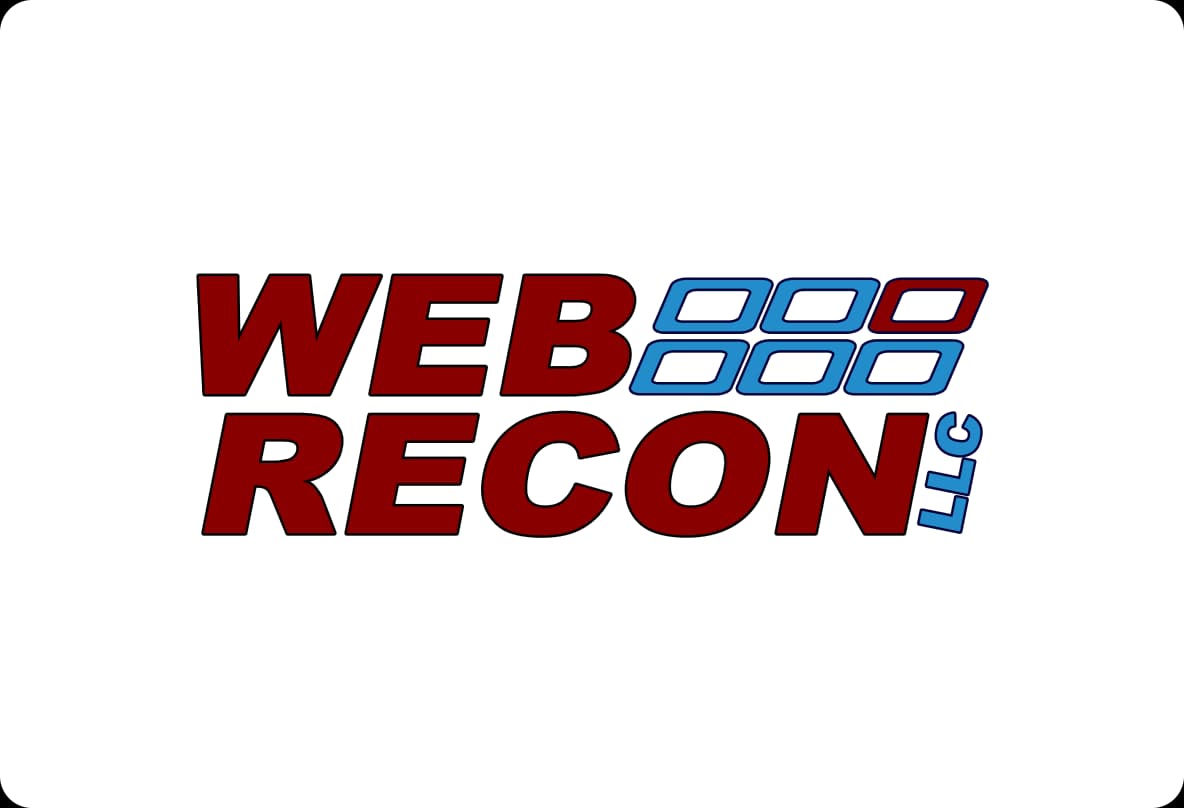 Logo of Web Recon LLC with bold red text and a stylized blue design resembling a grid on a white background.