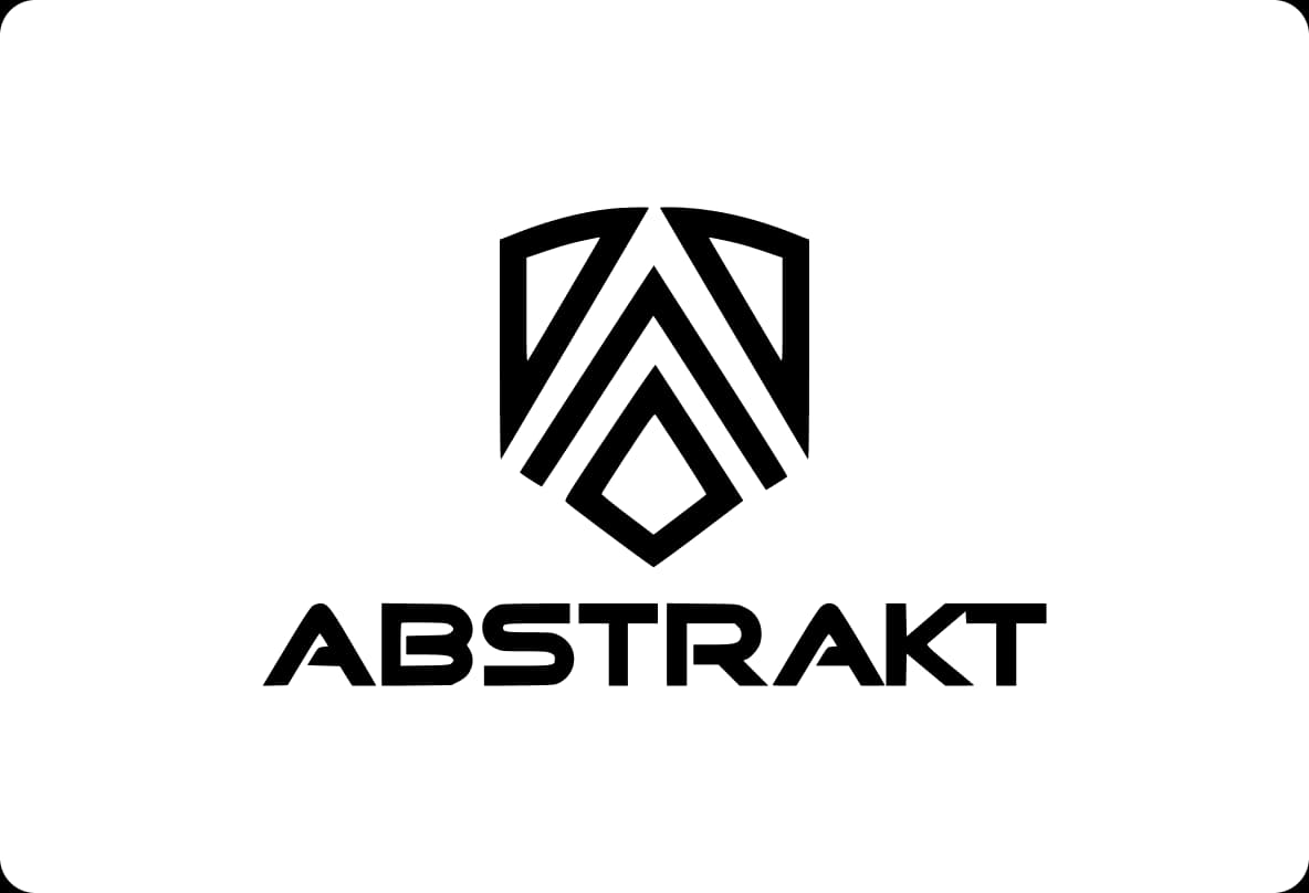 Black geometric shield logo above the word "ABSTRAKT" in bold, modern font on a white background.