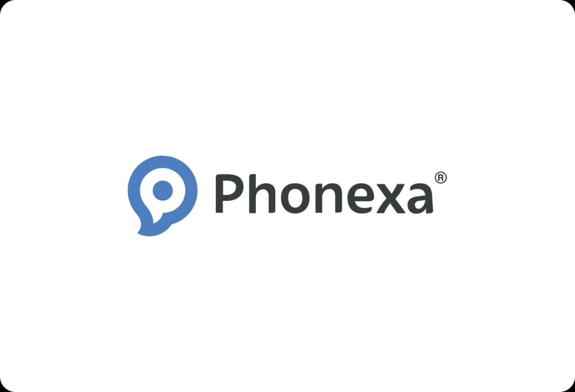 Blue and gray "Phonexa" logo with a speech bubble design on a white background.