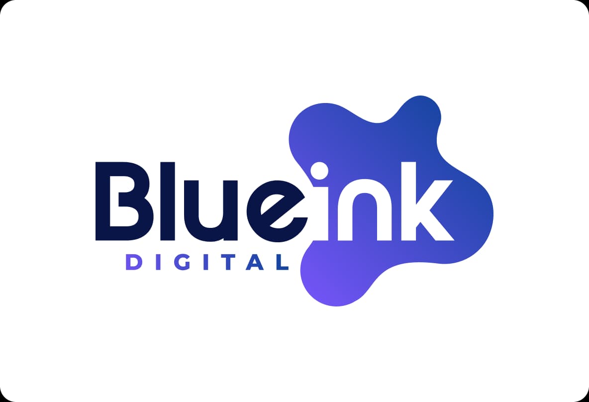 Logo with the text "Blue Ink Digital" featuring a blue and purple ink splash design around the word "ink."