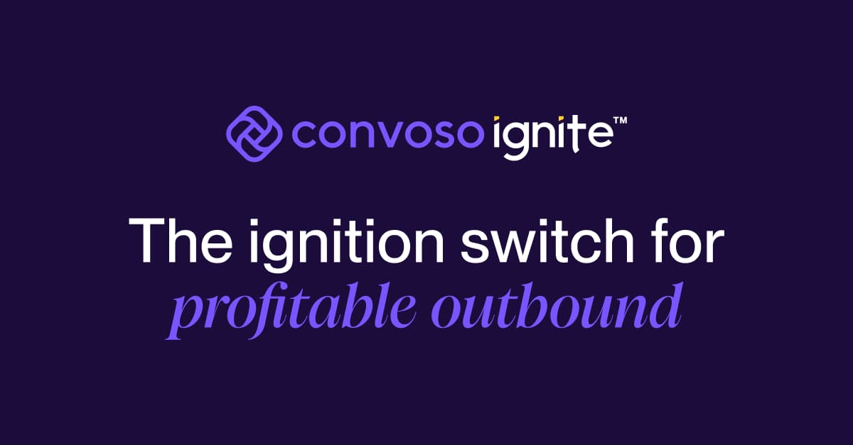 "Convoso Ignite logo with the slogan 'The ignition switch for profitable outbound' on a dark purple background."