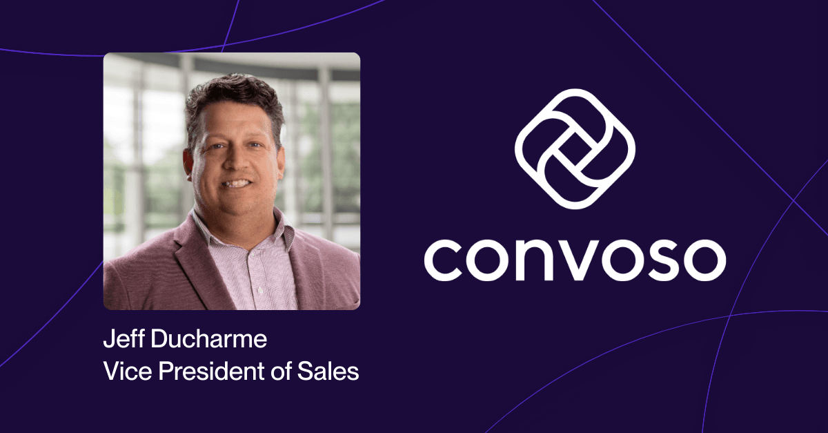 Man in a suit smiling, labeled as Jeff Ducharme, Vice President of Sales, with the Convoso logo on a dark background.