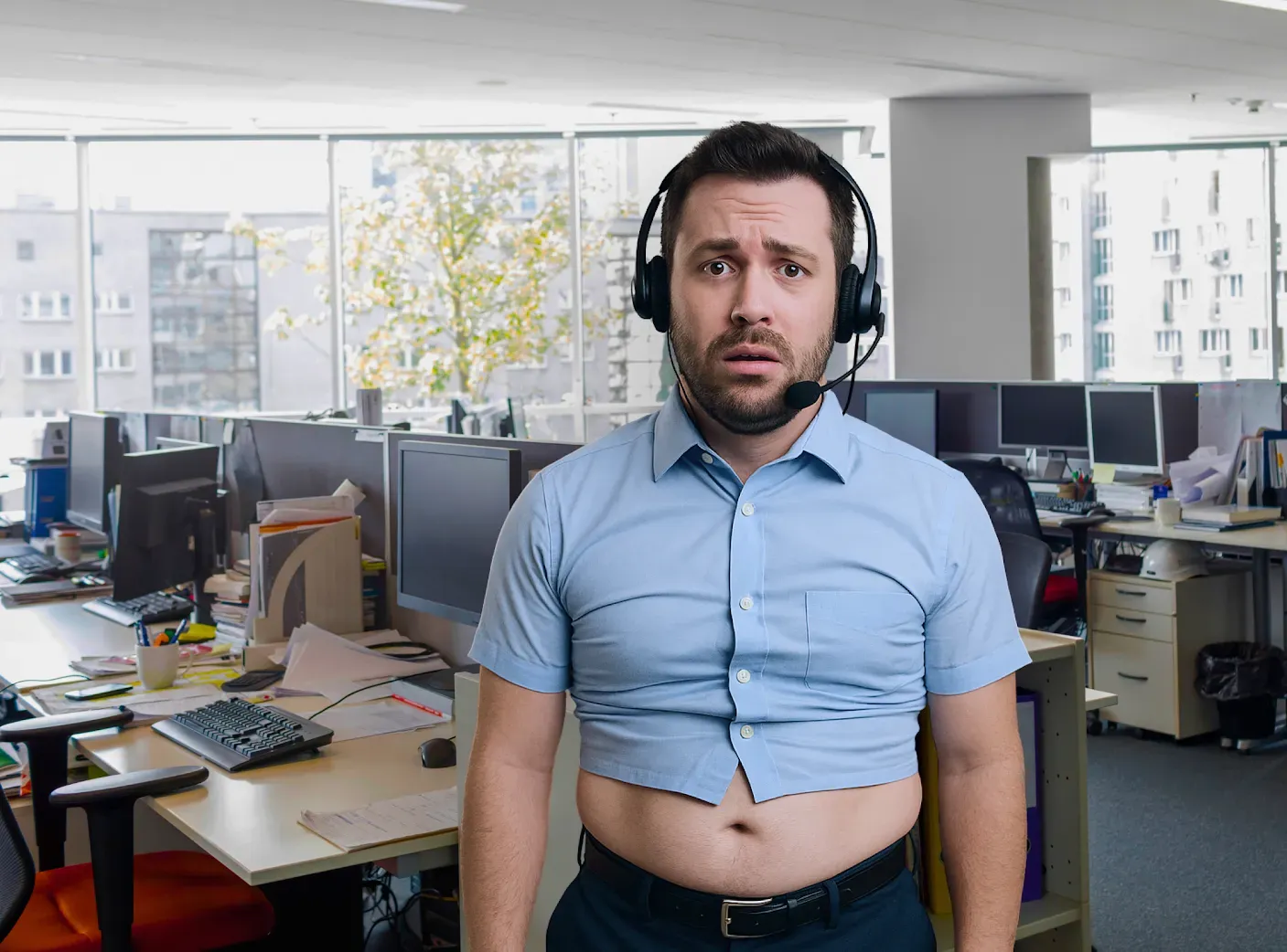 Man in a tight shirt and headset stands in a cluttered office, looking surprised. Multiple computer monitors are visible in the background.