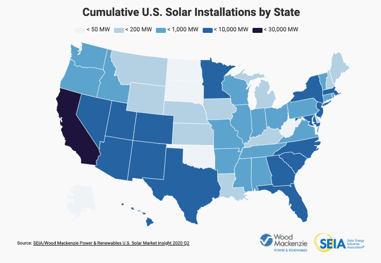 Cumulative US Solar Installations by State.