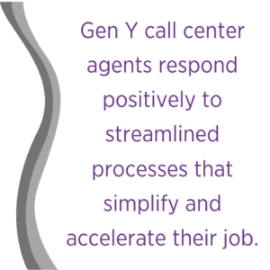 Gen Y call center agents respond positively to streamlined processes that simplify and accelerate their job.