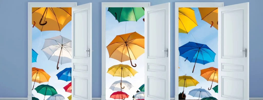 Open door and umbrellas